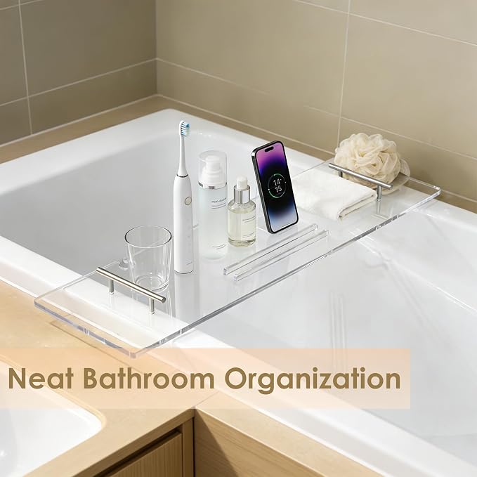 Bathtub Tray, Bath Tray for Tub, Acrylic Bath Caddy Tray for Bathtub, for Tub Luxury Spa with Tablet Slots and Wine Glass Hole, Bathroom Accessories for Decorative Bathtubs (31.5 * 9.45in)