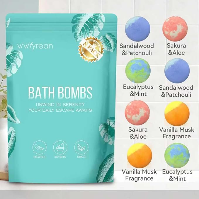 Bath Bombs for Women and Girls, Anniversary Birthday Gift, Natural Organic Fizzy Bath Bombs, Stress Relief, Self-Care Relaxation Home Spa, Pack of 8 in Bag, with Essential Oils & Epsom Salts, 4 Scents
