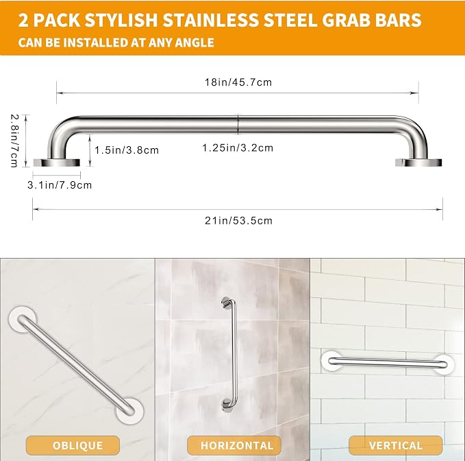 18 Inch Shower Grab Bar 2 Pack, 18" L x 1.25" D Brushed Nickel All-Welded Stainless Steel, ADA Safety Shower Handle for Bathroom,Stairway,Anti-Slip Grab Bars for Elderly,Handicap,Pregnant