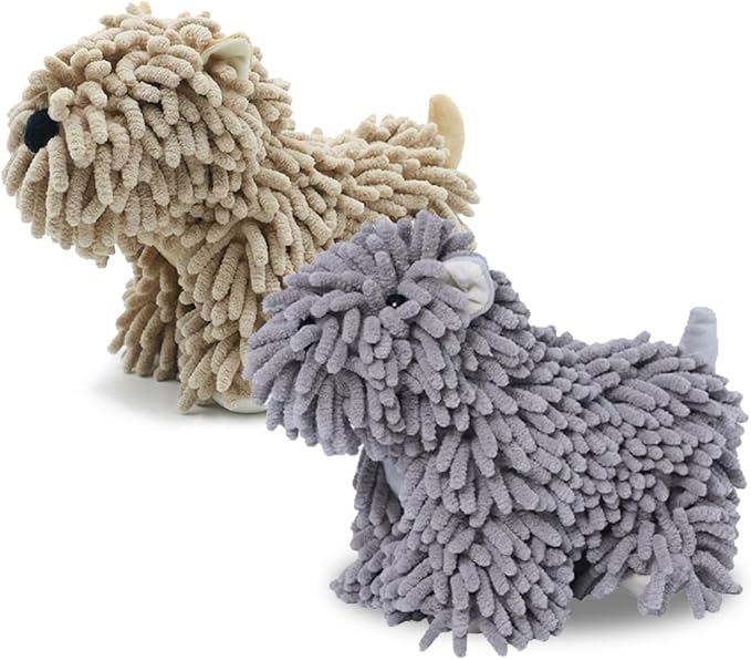 Cute Dog Chenille Hand Towel, 3D Puppy Hangable Fuzzy Ball Hand Towel Microfiber Super Soft Absorbent Bathroom & Kitchen Towels with Hanging Loop, Can Be Placed on the Sink Countertop (Khaki+Gray)