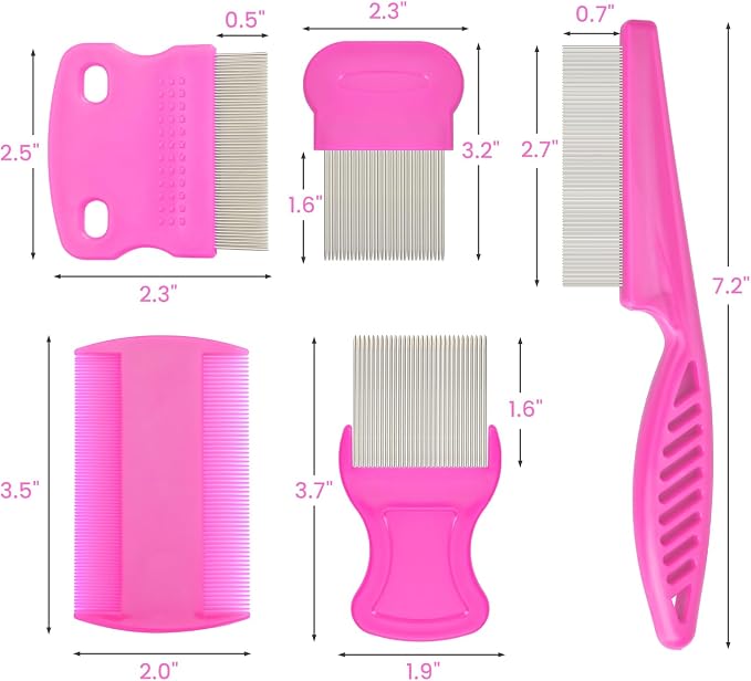 Flea Comb for Cats Dogs, 6 Pack Pet Lice Comb Set Pet Grooming Pets for Small, Medium & Large Pets（Pink）