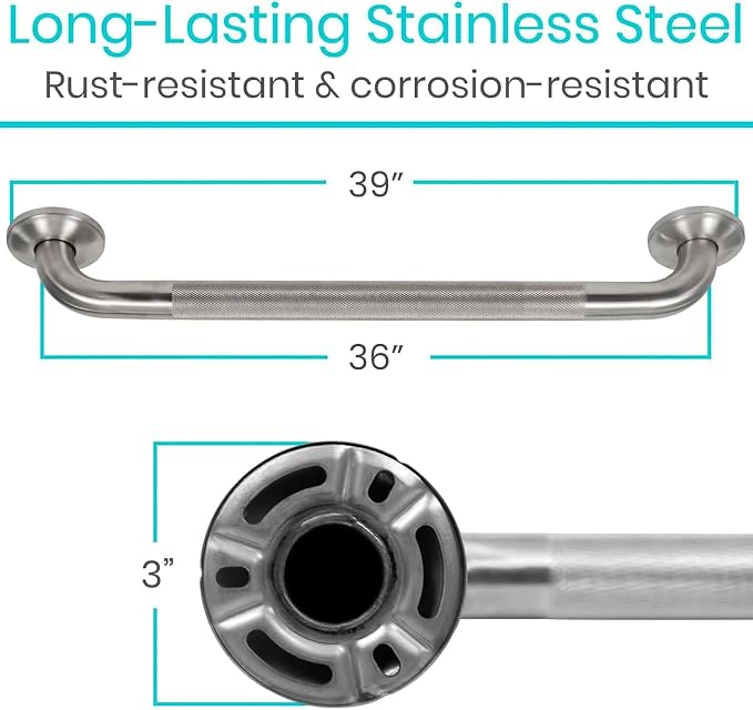 Vive Textured Shower Bars for Elderly | Metal Bathroom Safety Rail, Anti-Slip Shower Handle, Stainless Steel Wall Handrail, Heavy Duty Handicap Support, 440 lb