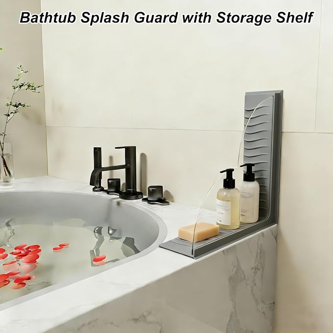 Bathtub Splash Guard with Suction Cup No Adhesive Reusable Silicone | 2 Pack,Fits Uneven Angled Corners,Easy Cleaning,Multi Wet-area Use,Renter Safe No Wall Damage for Shower Tub & Sink Gap Gray