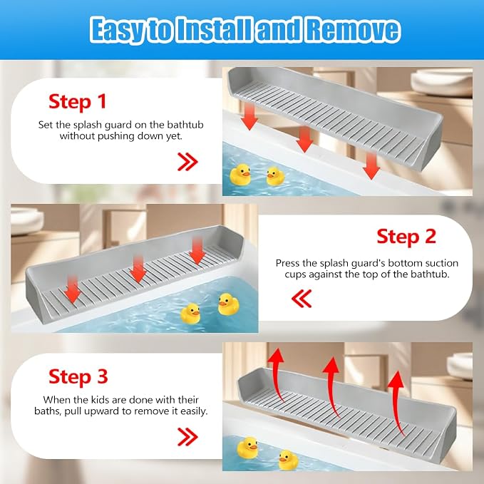 Splash Guard for Bathtub, Silicone Bathtub Tray for Kids with 11 Suction Cups, Bathtub Edge Water Guard, Prevent Water Spills, Toy Storage Shelf for Toddlers & Babies Bath Time(2.6FT, Grey)