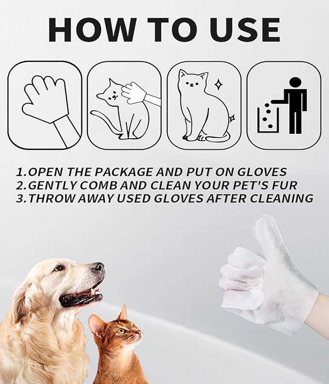 AQUASAFE Pet Glove Wipes - No-Rinse Dog Grooming Wipes & Cat Bath Gloves | Unscented Hypoallergenic Dog Wipes, [6] Ct