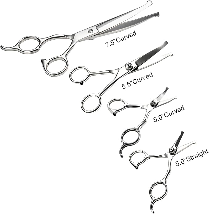 4 in1 Curved Dog Grooming Scissors Kit,7.5", 5.5", 5" & 5" Curved Down Pet Grooming Scissors with round tips for pets face and paw grooming