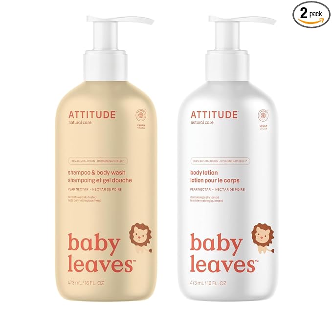 Bundle of ATTITUDE 2-in-1 Shampoo and Body Wash for Baby and Body Lotion for Baby, EWG Verified, Dermatologically Tested, Plant- and Mineral-Based Ingredients,Vegan, Pear Nectar, 16 Fl Oz
