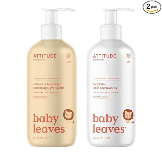 Bundle of ATTITUDE 2-in-1 Shampoo and Body Wash for Baby and Body Lotion for Baby, EWG Verified, Dermatologically Tested, Plant- and Mineral-Based Ingredients,Vegan, Pear Nectar, 16 Fl Oz