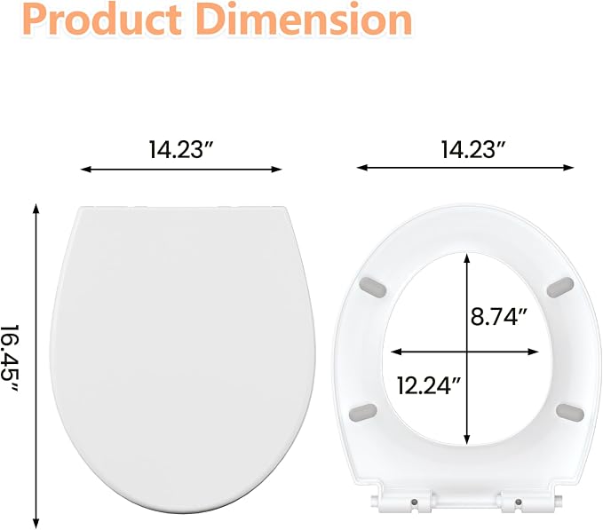 Round Toilet Seat Cover – PP Locking Hinge Toilet Seat with Flat Lid, White Slow Close Seat for Standard Round Toilets, Comfortable & Sturdy
