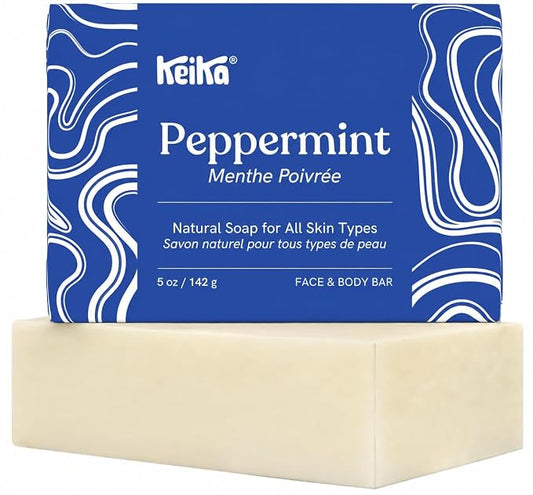 Keika Peppermint Soap Bar for Face & Body, Natural Cooling Spa Bath & Shower Cleanser, 5 oz.