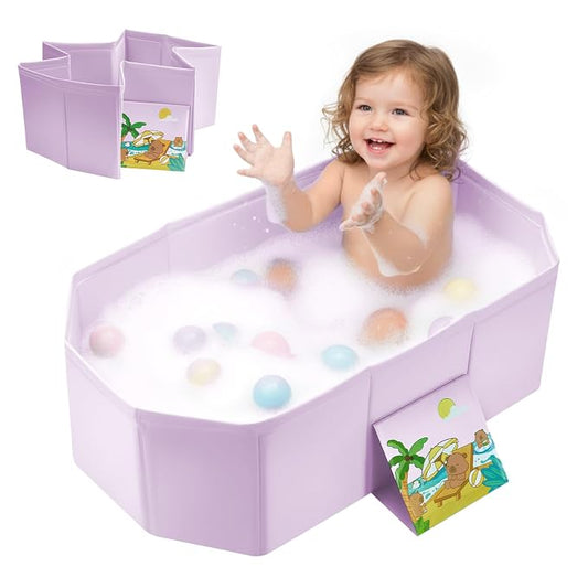 Baby Bathtub for Newborn to Toddlers 1-6 Y, Foldable Infants Babies Bath Tub with Non-Slip Base and Drain Plug, Portable Bathtub for Home Outdoor (Pink, 75-45-25CM)