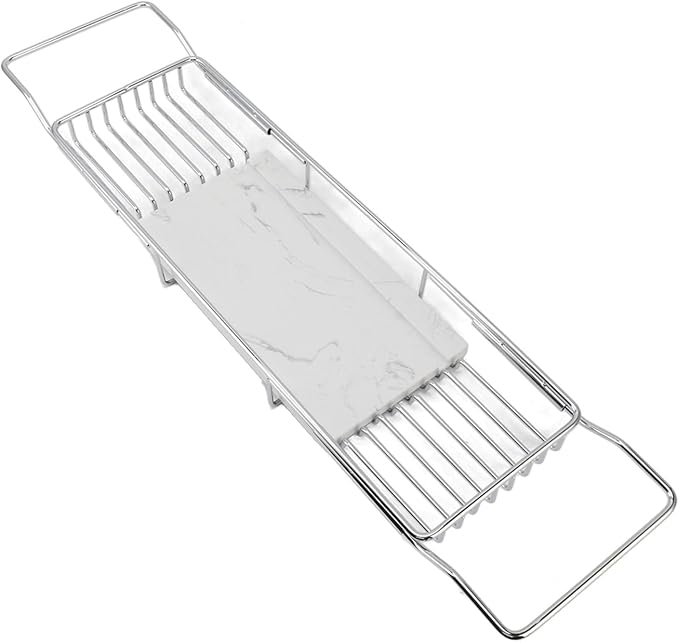 Metal Marble Bathtub Rack, Bathtub Caddy Tray Stainless Steel Shower Caddy Tray with Extending Sides, Bathroom Trays (Silver White)