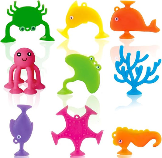 Suction Bath Toys for Kids, 9 PCS Silicone Ocean Animal Suction Cup Toys, Mold Free No Hole Bathtub Toy, Sensory Window Building Toy Gifts for Toddler Children Kids Over 3 Years
