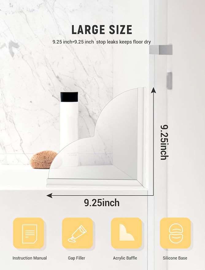 EVOULTES 2 Pack Large Shower Splash Guard Kit, Upgrade 9.25 x 9.25 Bathtub Shower Water Splash Guards, Self-Adhesive Shower Guards to Keep Water in Shower, Shower Water Blocker from Splashing Out