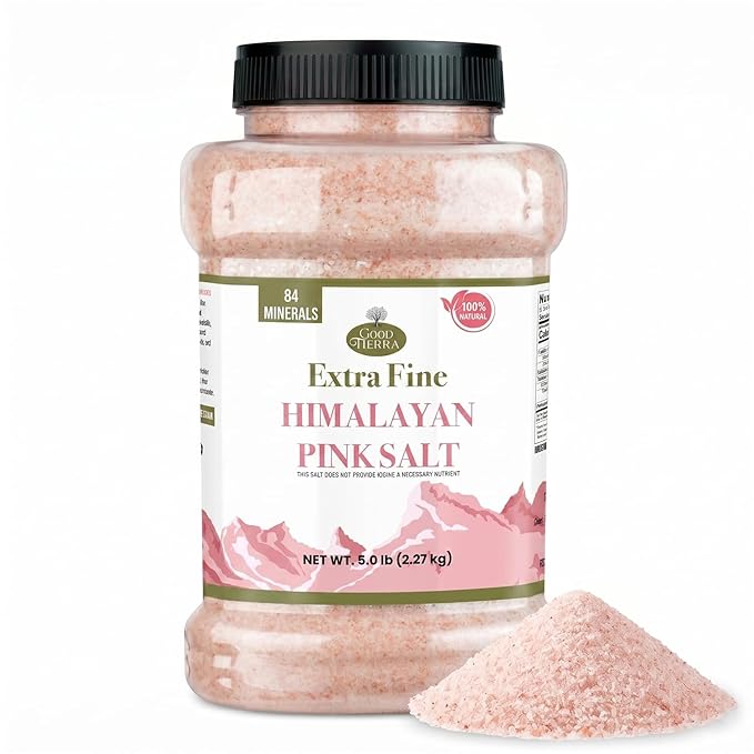 Good Tierra Himalayan Pink Salt, Extra-Fine, 5 lb Jar (4 Pack), Sea Salt | 84 Trace Minerals, Non-Iodized & Unrefined, Fine Grain for Cooking & Baking, Great for Canning & Bath, Kosher & Non-GMO