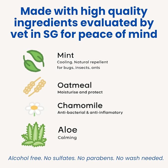 Waterless No Rinse Dog Dry Shampoo Cooling Effect for Smelly Dogs. Suitable Cat Shampoo for Dandruff. Good for Itch. Developed with Vet in Singapore-Minty Fresh-6.8 fl oz