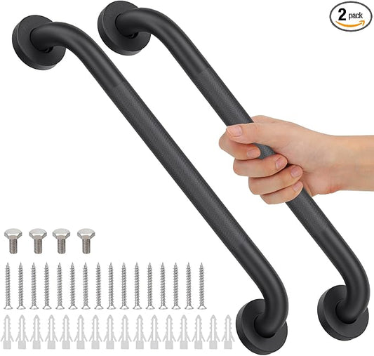 2 Pack 16 Inch Shower Grab Bars for Seniors Bathroom, Black Stainless Steel Safety Support Handles for Shower, Anti Slip Grab Bar for Bathroom, Handicap Elderly Injury Pregnant Assist Bath Handle