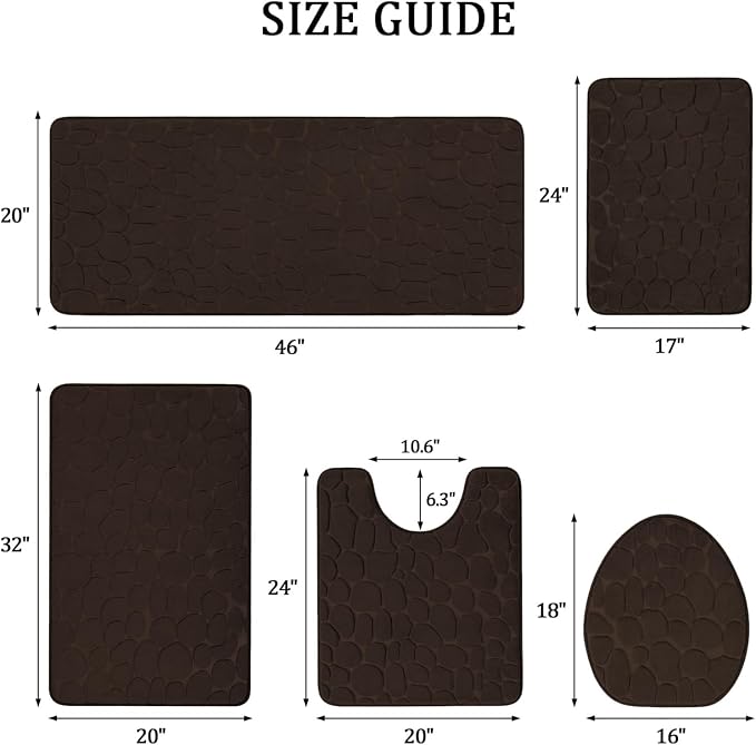 YIHOUSE Bathroom Rugs Mat Set, Memory Foam Bath Mat 5 Piece Brown | Non Slip, Water Absorbent, Washable, Bath Mat For Bathroom, Sink and Toilet
