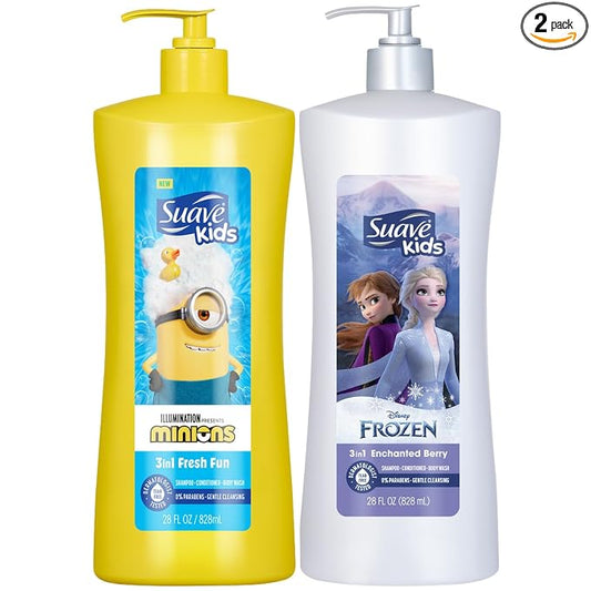 Suave Kids 3-in-1 Variety 2-Pack – Minions Fresh Fun + Frozen Enchanted Berry Tear-Free Shampoo, Conditioner & Body Wash, 28 Oz Ea