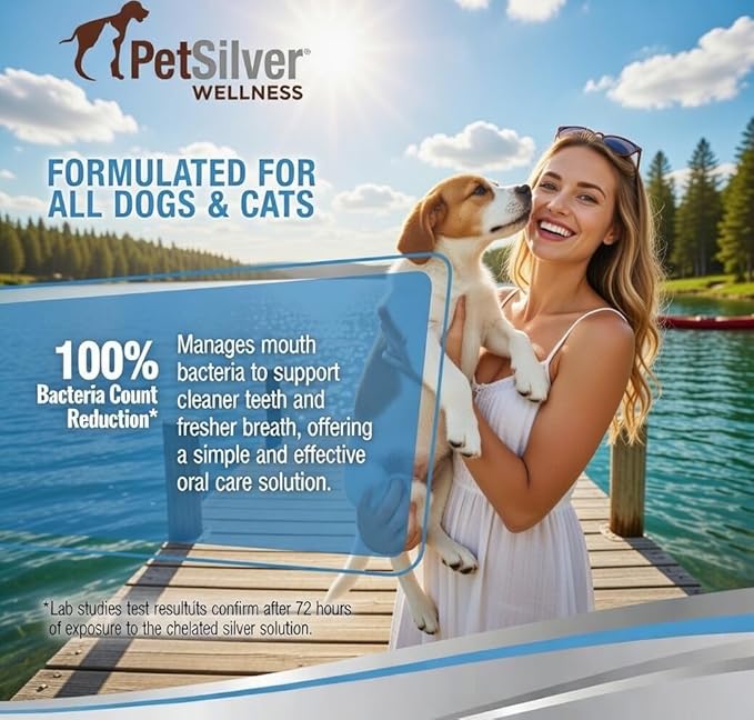 PetSilver Teeth & Gum Water Additive for Dental Care - Pet Breath Freshener - Targets Tartar, Plaque & Eliminates Bad Breath - Dog Oral Care & Cat Teeth Cleaning - No Brushing & Tasteless - 12 fl oz