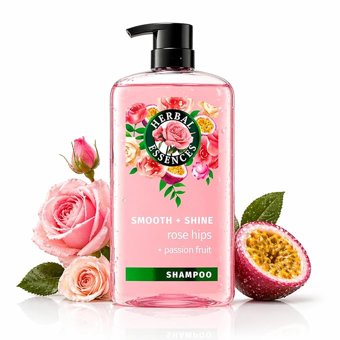 Herbal Essences Shampoo, Rose Hips + Passionfruit - Smooth Collection, Shiny Hair with Vitamin E & Jojoba, Safe for Color Treated Hair, Floral Scent, Cruelty-Free, Dermatologist-Tested, 29.2 Fl Oz