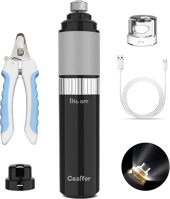 Dog Nail Grinder 10h Working Time Powerful Professional Quiet Electric Pet Nail Trimmer Stepless Speed Regulation Painless Nail File for Large Medium Small Dogs and Cats
