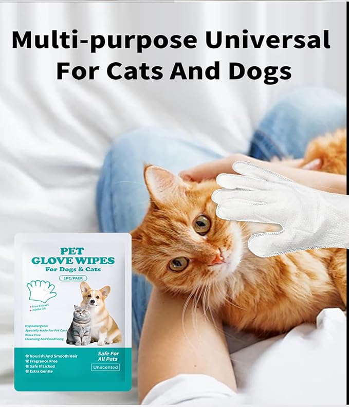 AQUASAFE Pet Glove Wipes - No-Rinse Dog Grooming Wipes & Cat Bath Gloves | Unscented Hypoallergenic Dog Wipes, [6] Ct