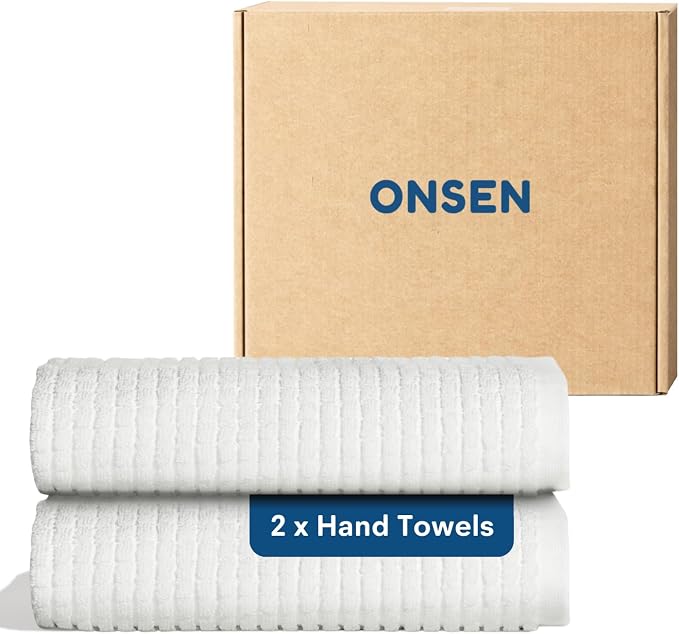 ONSEN Sculpted Terry Hand Towels, 100% American Cotton, Quick Dry Lint Free, Lightweight Absorbent Hand Towel Set with Hanging Loop, 20x30 in (White, 2X Hand Towel)