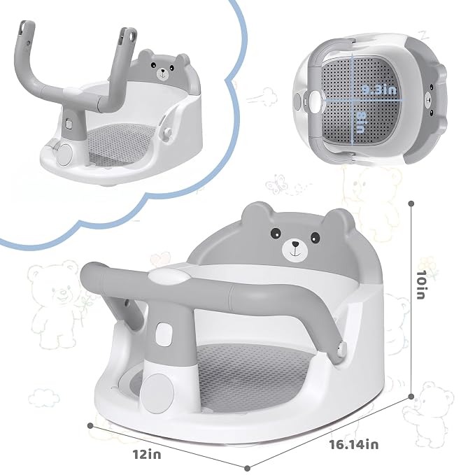 Baby Bath Seat for Babies 6 Months & up Non-Slip Toddler Bath Seats for Sitting Up Infant Bathtub Chair with Suction Cups and Soft Cushion for Baby Shower Tub Seat, Grey