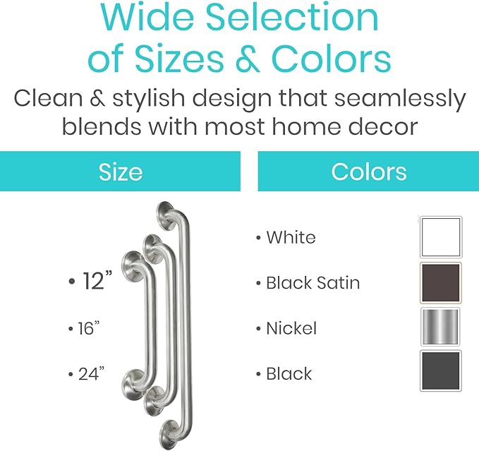 Vive Grab Bar for Showers - Bathroom Antislip Handrail for Seniors, Elderly Assistance Product, Heavy Duty Shower Handles, Handicap Grab Bars, Stainless Steel, Multipurpose, 440 lbs (Brushed Nickel)