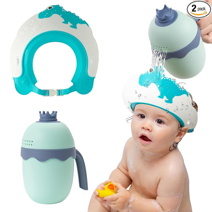 FUNUPUP Baby Shower Cap for Kids with Bath Rinse Cup, Adjustable Toddler Hair Washing Shield Hat Baby Bath Visor Shampoo Hat for Toddlers 6M-9T（Dinosaur Blue)