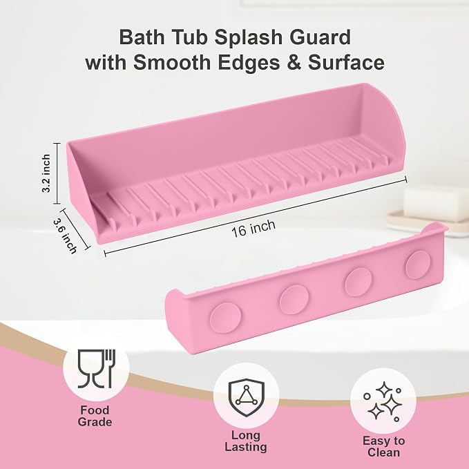 Tub Splash Guard for Kids, Bathtub Edge Water Guard Play Shelf and Toy Storage Organizer, Bathroom Sink Silicone Splash-Resistant with 4 Suction Cups, Easy to Install, Pink, 1 Pack