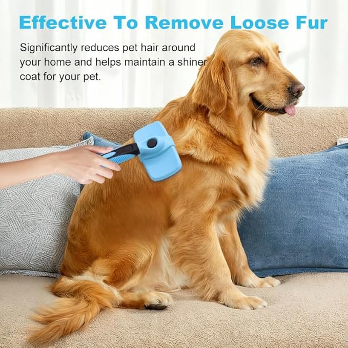 Self Cleaning Slicker Brush for Dogs & Cats, Gentle Deshedding and Hair Removal Tool for Long & Short Haired Pets, Easy Push Button, Blue