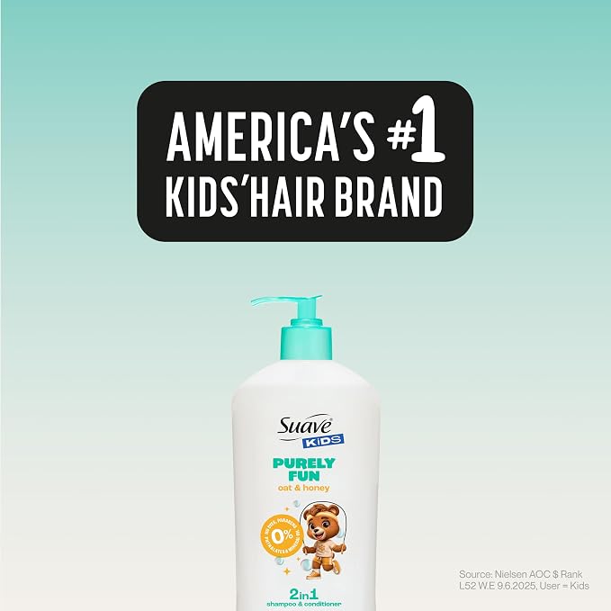 Suave Kids Purely Fun 2 in 1 Shampoo and Conditioner with Oat & Honey Tear-Free, Hypoallergenic, Gentle Hair Care for Sensitive Scalps, Kids Shampoo & Conditioner, 6 Count, 18 fl oz