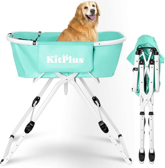 KITPLUS Portable Dog Bathtub, 5 Height Adjustable Dog Washing Station for Pet Shower and Grooming Foldable Bathing Tub with Storage & Anti-Slip Design for Small Large Dogs Cats