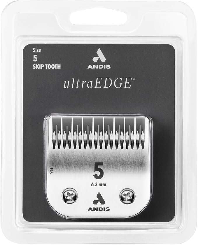 Andis Carbon Infused Steel UltraEdge Dog Clipper Blade, Size-5 Skip Tooth, 1/4-Inch Cut Length (72640),Chrome