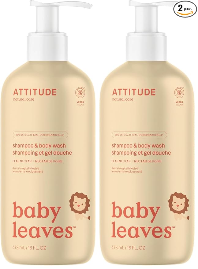 ATTITUDE 2-in-1 Shampoo and Body Wash for Baby, EWG Verified, Dermatologically Tested, Vegan, Pear Nectar, 16 Fl Oz, (Pack of 2)