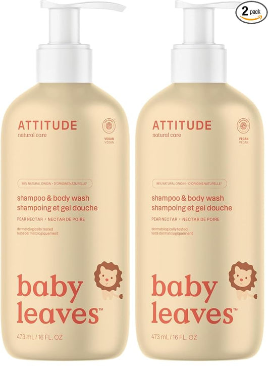 ATTITUDE 2-in-1 Shampoo and Body Wash for Baby, EWG Verified, Dermatologically Tested, Vegan, Pear Nectar, 16 Fl Oz, (Pack of 2)