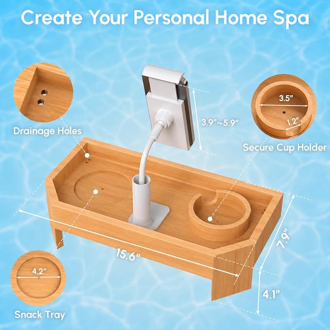Vespara Bamboo Hot Tub Table with Adjustable Phone Holder, Non Slip Hot Tub Table Spa Gift for Women, Bathtub Canddy Tray with Wine Glass Holder for Luxury Bathtub Bathroom Accessories (Natural)