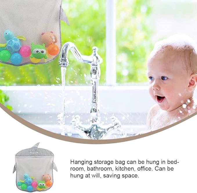 Mesh Bath Toy Storage, The bath toy holder for Bathtub Toys & Bathroom Organizer Bag- For Kids & Baby，Compatible with bath toy storage,with Two Complimentary Suckers(Shark)