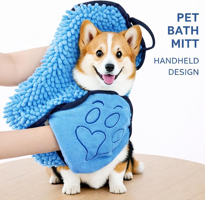Super Absorbent Dog Bath Towel & Grooming Glove Set – Soft Chenille Dog Drying Towel for Small Dogs & Puppies, Quick Dry, Machine Washable, Non-Toxic, Blue