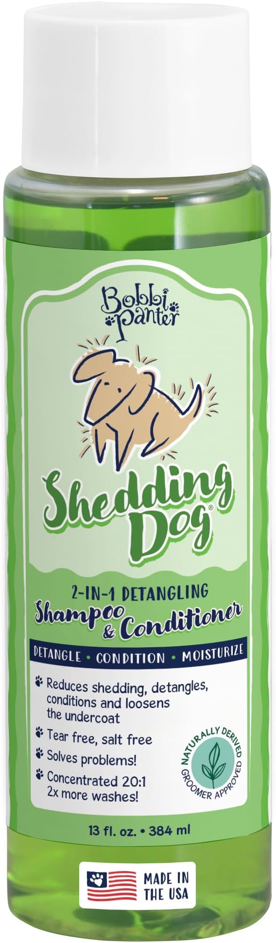 Bobbi Panter 2-in-1 Dog Shampoo & Conditioner for Shedding – Detangling Natural Formula Reduces Shedding & Tangles, Softening, Tear-Free, 10:1 Concentrate, Made in USA, 13 oz