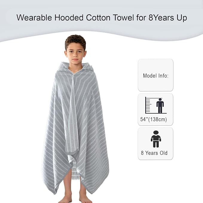 VOOVA & MOVAS Hooded Bath Towels for Teens/Big Kids (8Years Up) | Soft Absorbent 100% Cotton Thick Towel Wrap | Versatile Beach, Pool, Swim & Bath Cover-Up | GrayWhite