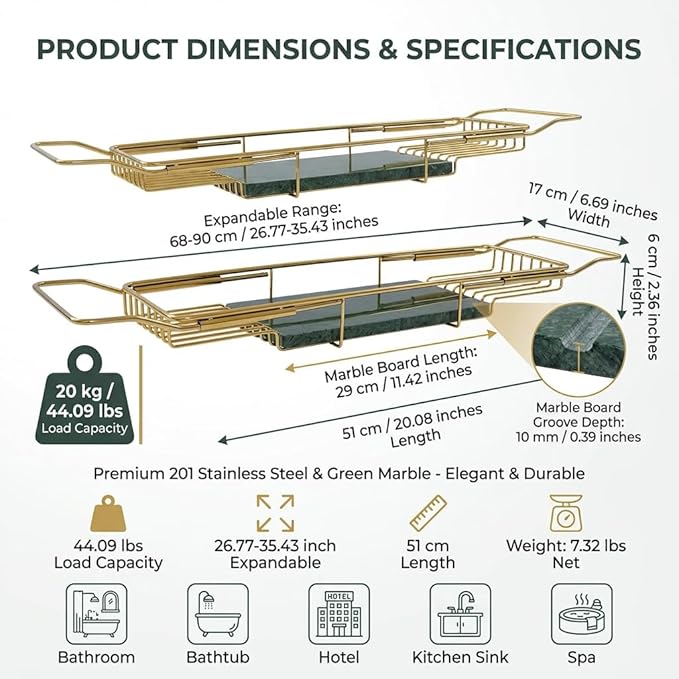 Bathtub Tray Caddy for Luxury Bath, Stainless Steel 26.8-35.4 in Expandable Extra Wide Bath Tub Tray with Natural Marble and Mobile/Tablet Stand, Ideal for Home Spa Lovers (Gold + Green)