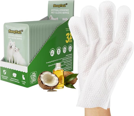 Pet Glove Wipes for Dogs & Cats, 32 Individually Wrapped Packs, Safe for Sensitive Skin, Quick Deodorizing, Loose Hair Removal, Full Body Grooming for Fur, Paws, Eyes & Ears, Bath & Travel | Dog Bath Gloves Pet Wipes Gloves 32 Individual Packing for Qu...