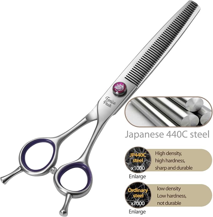 7'' Thinning Dog Grooming Scissors with Purple Finger Rings and Flashing Screw Professional 440C Stainless Steel Natural Color Pet Thinning Shears with Offset Handle Durable and Sharp