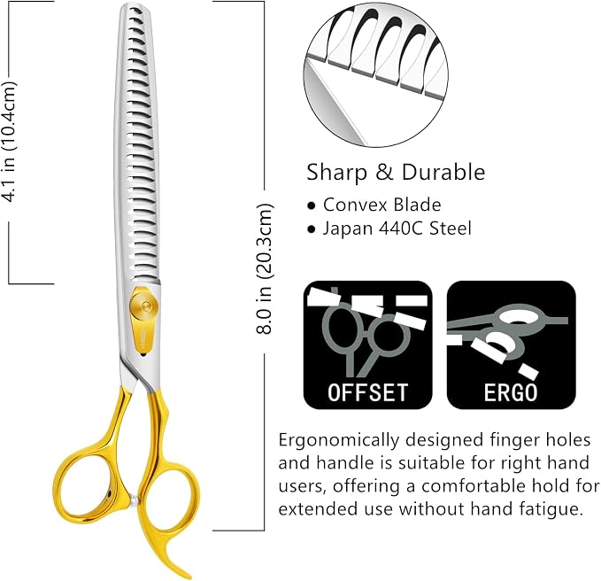 HASHIMOTO Chunkers Dog Grooming Scissors, 26 Teeth, 8.0 inch for Large Dog Grooming, 70% Thinning Rate for Thick Fur Trimming, Light Weight, Balanced