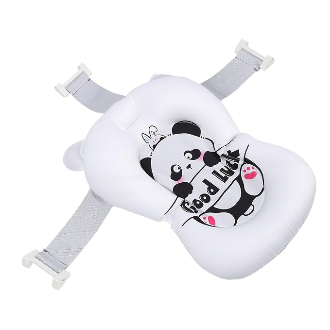 Fafeicy Baby Bath Cushion Pad Cotton Infant Bathing Seat Support Mat with 3 Buckles Wedge Design 28 X 6 X 38cm for Newborn Toddler Bathtub Bath Time (Panda Pattern)