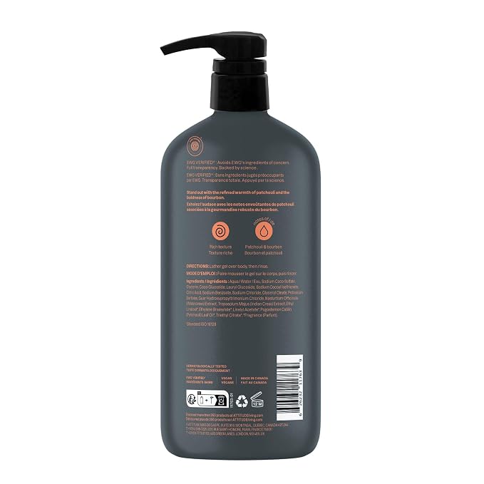 ATTITUDE Shower Gel Body Wash for Men, 98% Natural Origin Ingredients, Paraben & Phthalate Free, EWG Verified, Cleanses Without Drying, Patchouli & Bourbon, 32 Fl Oz