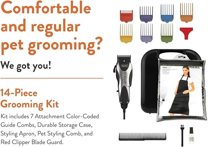 Wahl Pro Animal Deluxe U-Clip - Dog & Cat Trimmer with 3 Cutting Lengths & 7 Attachment Combs - Premium Grooming Tools for Light & Medium Coats - Black & Chrome